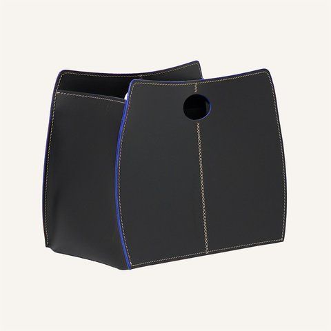 Leather Magazine Rack with Blue Edge Trim Limaс - Vanda Color Black